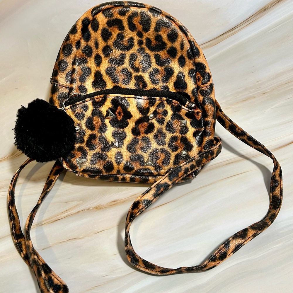 Brown and Black Leopard Print Backpack with Pom Pom